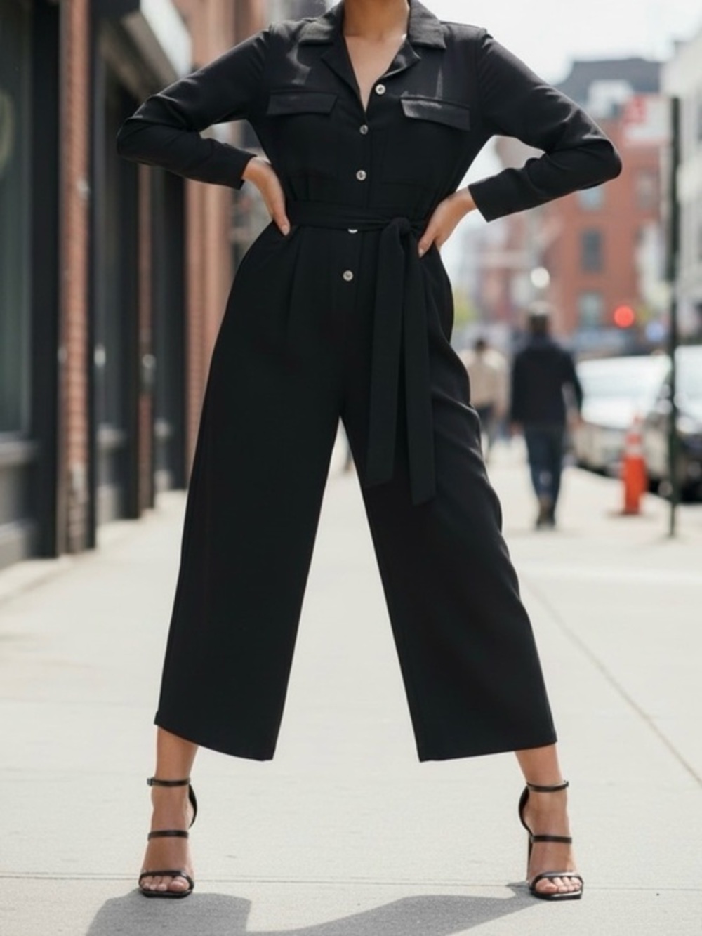 DKNY Button-Front Wide-Leg Tie-Waist Long-Sleeve One-Piece Jumpsuit Size 8